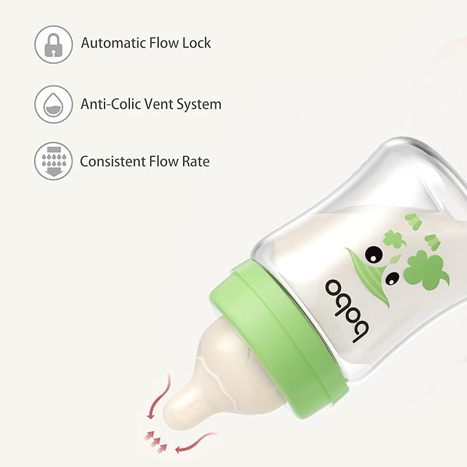 YOHKOH Glass Baby Bottles with Slow Flow Nipple, Newborn Anti-Colic Baby Bottles for 0+ Months, Wide Neck Feeding Bottle, Clear (Green, 5oz (Pack of 2))