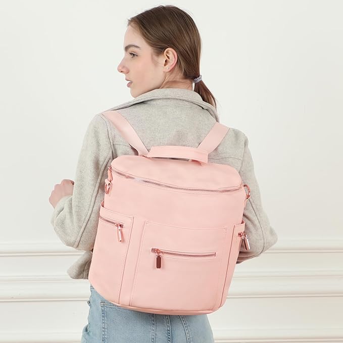 miss fong Pink Diaper Bag Backpack Baby Diaper Bag, Large Leather Diaper Backpack with 16 Pockets Travel Diaper Bag with Diaper Changing Pad,Pink Baby Backpack Stroller Straps & 2 Insulated Pockets