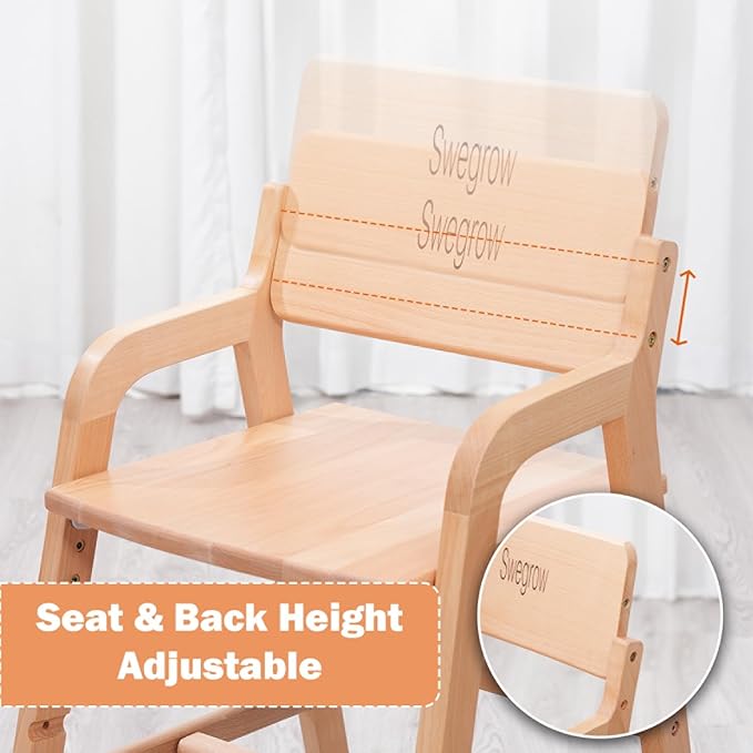 Swegrow Wooden High Chair with 2 Wheels, Adjustable Seat - Backrest - Footrest Heights, Wooden High Chair for Toddlers - Kids and Baby, Kids Dining Chair with Removable Cushion(Gray)