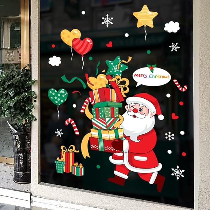Merry Christmas Garter Window Glass Decoration Stickers Santa Claus Hug a Pile Gift Design 2026 New Holiday Removable Dress up DIY Static Window Clings Decals for Living Room Bedroom Shop Windows