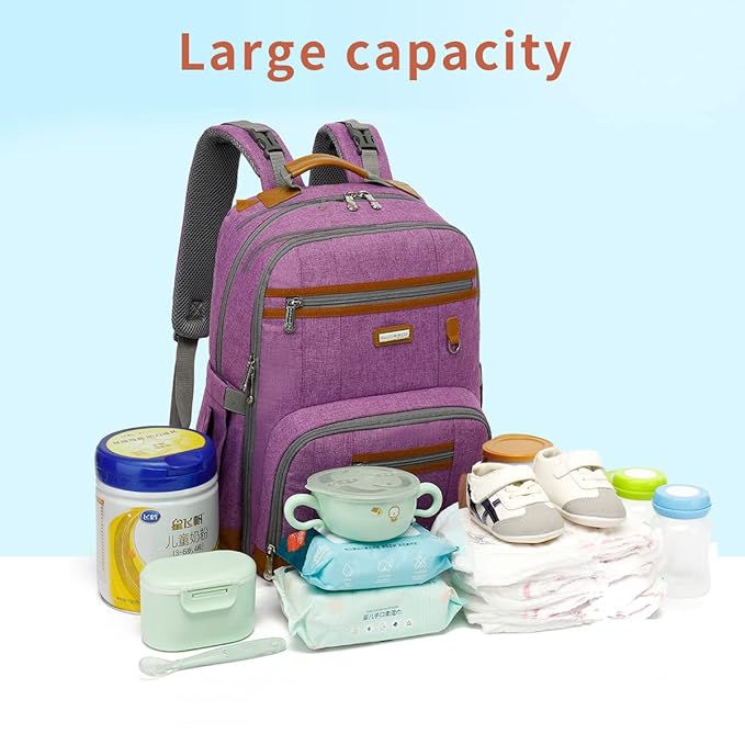 Diaper Bag Backpack, Large Baby Nappy Bags with Portable Changing Pad for Boys and GirlsMultifunction Travel Baby Bag for Moms Dads, Shower Gifts Waterproof and Stylish,Purple
