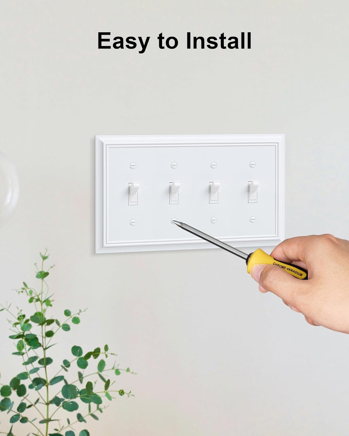 2-Pack Quad Toggle Light Switch Cover Plate, Pure White Decorative Switch Plate Covers, Natural Bamboo Fiber 4 Gang Wall Plate for Toggle Light Switch and Rotary Dimmer Switch