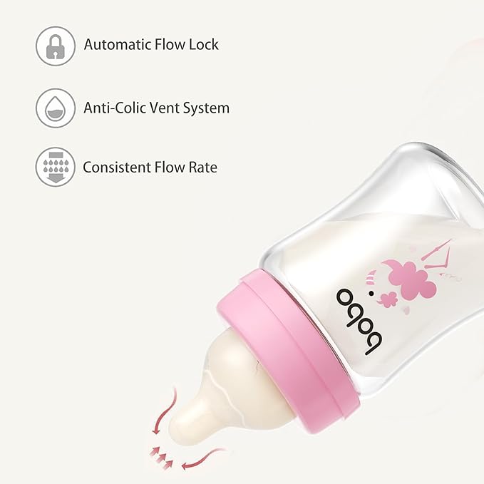 YOHKOH Glass Baby Bottles with Slow Flow Nipple, Newborn Anti-Colic Baby Bottles for 0+ Months, Wide Neck Feeding Bottle, Clear (Red, 5oz (Pack of 4))