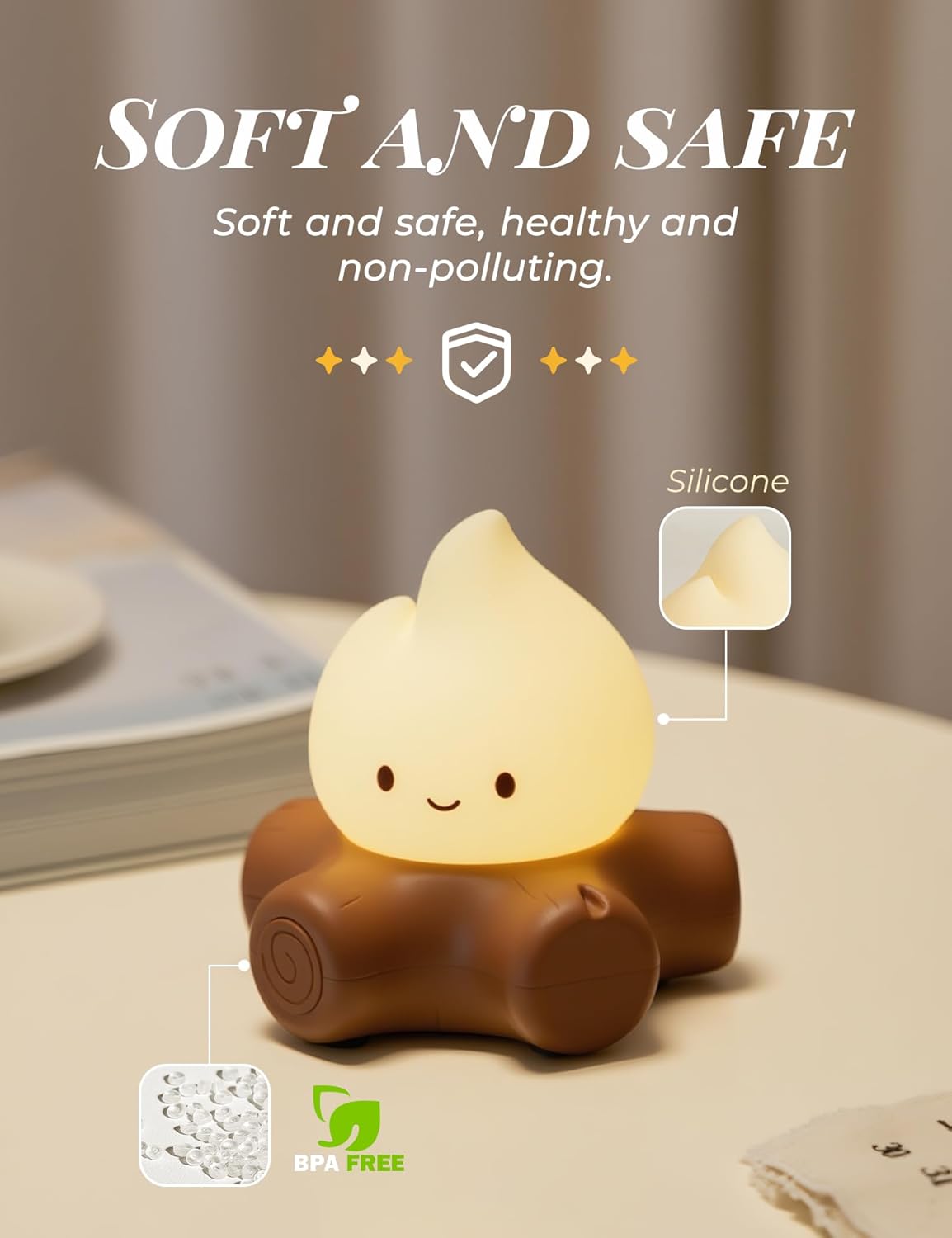 Campfire Night Light for Kids, Cute Campfire Lamp Gifts, LED Light up Flame Lights, Dimmable, Rechargeable Bedside Nightlight, Baby Nursery Dorm Kawaii Décor Toys