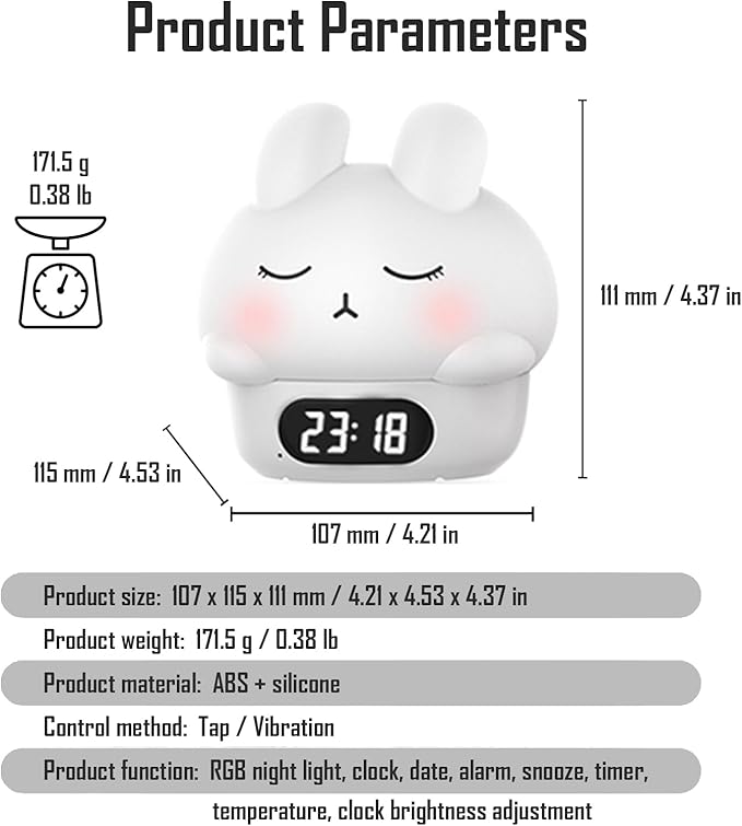 Cute Bunny RGB Rechargeable Night Light, Soft Silicone Lampshade, Adjustable Brightness LED Clock, Date, Alarm, Thermometer, Timer, Tap Control, Bedroom Lamp, Gift for Girl and Kid (White Bunny)