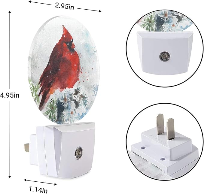 EKOBLA Watercolor Cardinal Night Light Winter Snow Red Bird on Branch Night Lights Plug into Wall Auto Sensor LED Plug-in Nightlights for Home Indoor Bedroom Kitchen Hallway Christmas