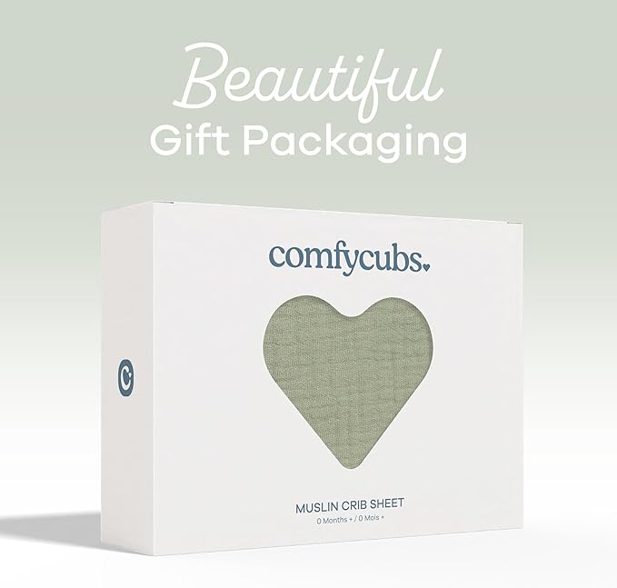 Comfy Cubs 100% Muslin Cotton Fitted Crib Sheet - Soft, Standard & Breathable Crib Sheets for Toddler Mattress - Snug Fit, Secure Elastic with Beautiful Packaging for Boys & Girls - Sage