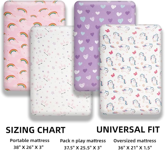4 Pack Soft Baby Girl N Play Sheets for Mini Crib Mattress Unicron Rainbow Heart Cute Neutral Polyester Unisex Fitted Mini Crib Sheets Set for Baby Girls