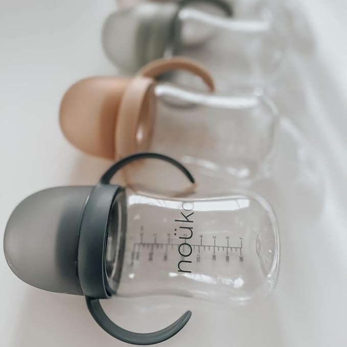 nouka Tritan Plastic Transitional Sippy Cup with Weighted Straw | Leak Proof and Easy Grip | Removable Handles | Bloom