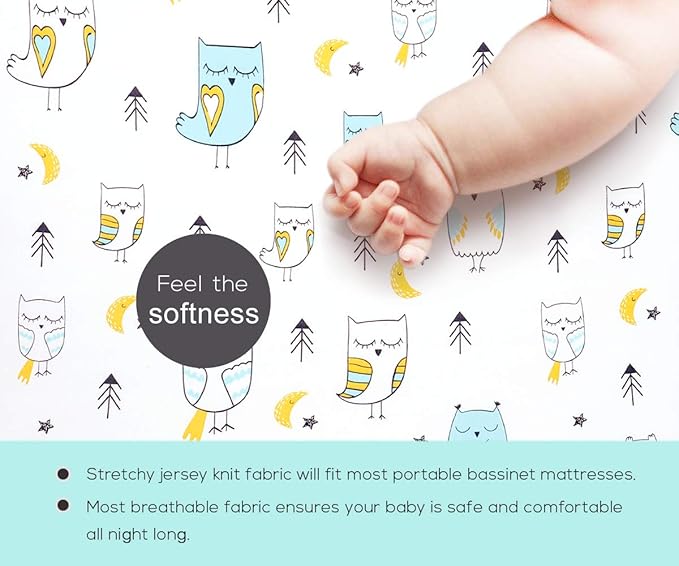 Stretchy Bassinet Sheet Set BROLEX 2 Pack Snug Fitted Cradle Fitted Sheets for Bassinet Pads/Mattress, for Boys Girls,Unisex,Ultra Soft Breathable,Arrow Owl