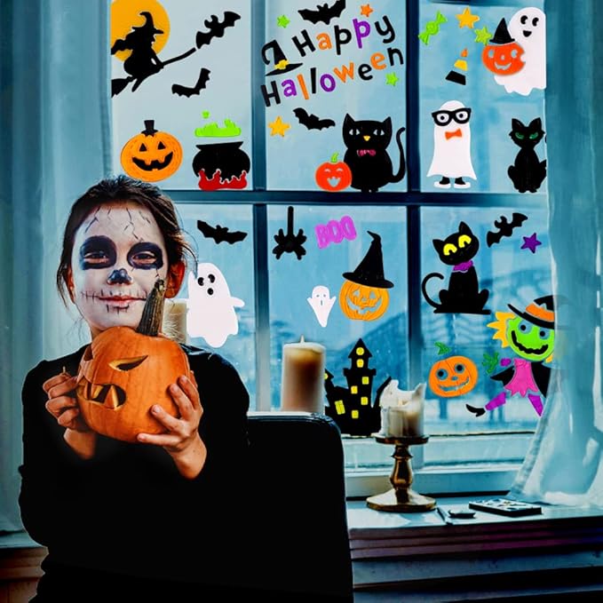 XIMISHOP 6sheet Halloween Gel Window Clings, Pumpkin Ghost Witch Gel Window Stickers Decoration Decals for Halloween Window Decor