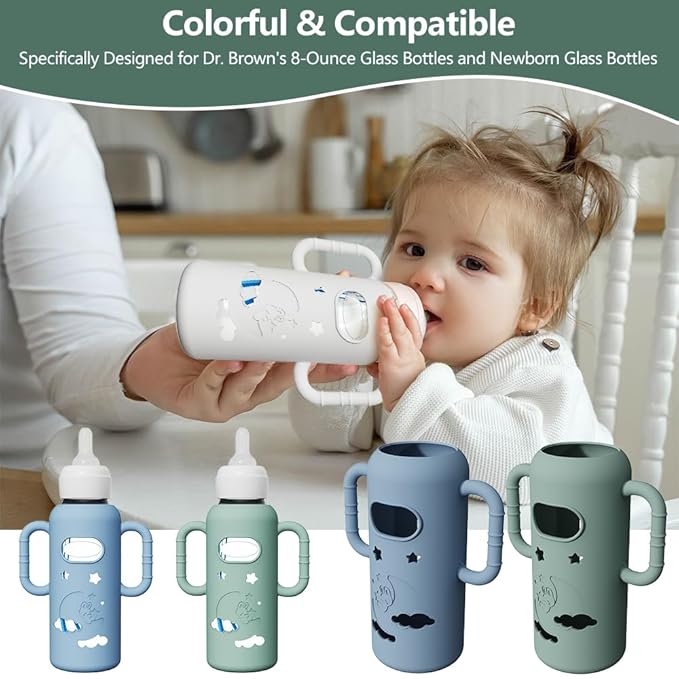 2 Pack Silicone Sleeves for Dr Brown's Glass Bottles, Drop Protection Bottle Sleeves with Handles, Anti Breakage Baby Bottle Holder Compatible with Dr. Brown's Newborn Glass Bottles,8 oz
