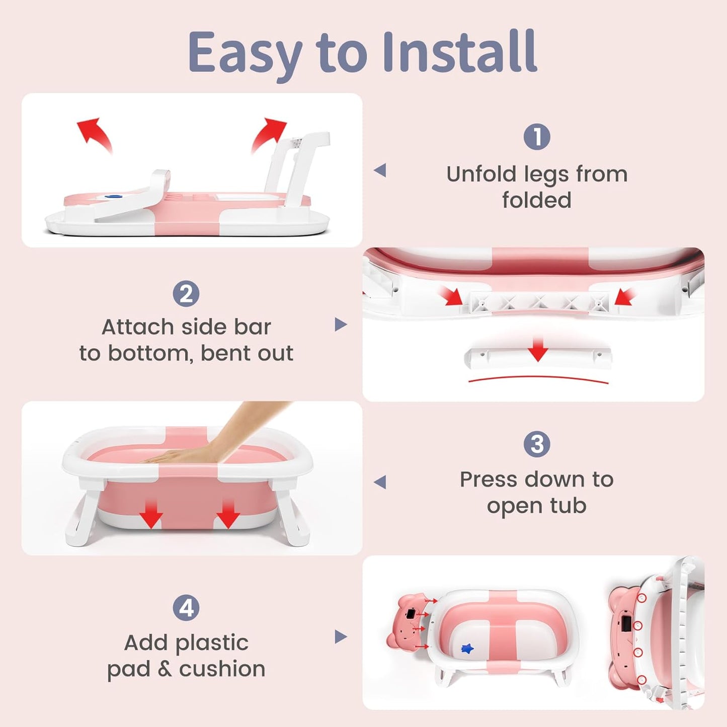 Collapsible Baby Bathtub for Newborn to Toddler (0-18 Month) - Portable Baby Bath Tub for Travel, Newborn Bathtub with Soft Towel and Floating Cushion (Pink)