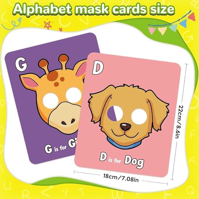Alphabet ABC Flash Cards with Animal Masks, 26 Pcs Animal mask Alphabet Cards, Interactive Education Games, Learn Letters, English Phrases(Colorful)