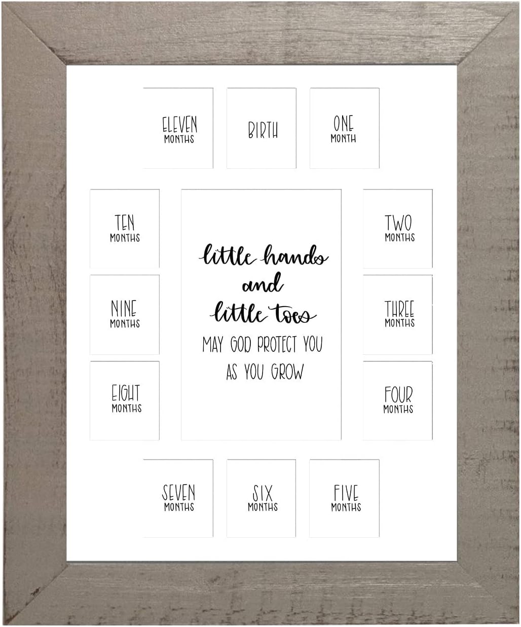 Rustic Red Door Co. Baby's First Year Picture Mat - Grey Frame - Little Hands and Little Toes Photo Collage - 13 Picture Slots - Newborn Birth to One Year Birthday - Watch Your Baby Grow (White Mat)