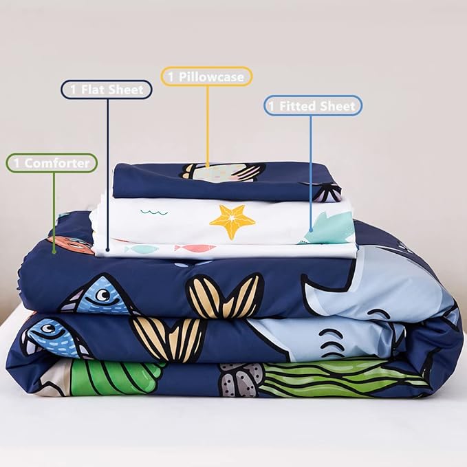 PERFEMET 4 Pieces Toddler Bedding Ocean Animal Printed Toddler Comforter Set Reversible Lightweight Cartoon Bed in A Bag for Toddler Boys Girls(Navy Blue, Sharks/Dolphins/Fish)