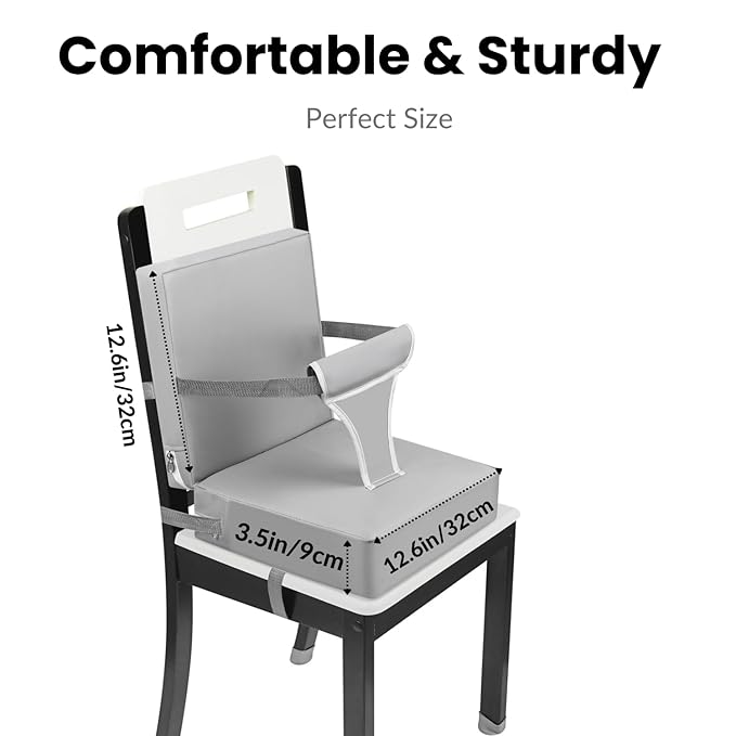 PandaEar Toddler Booster Seat for Dining Table, Portable Increasing Booster Cushion with Backrest & Adjustable Seat Belt for Kids Children, Non-Slip Bottom (Grey)