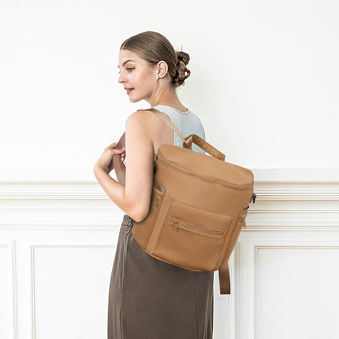 miss fong Neoprene Diaper Bag Baby Diaper Bag Large Capacity Neoprene Backpack with Changing Pad Travel Diaper Backpack with 16 Pockets for Mom & Dad-Brown