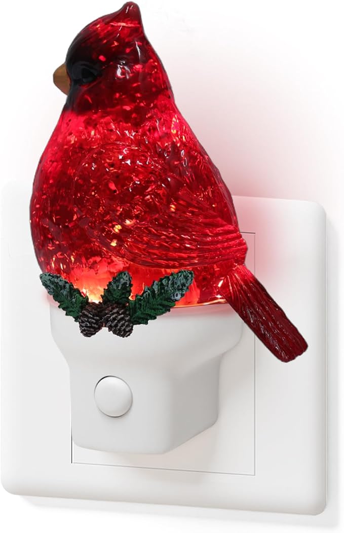 Christmas Cardinal Night Light Plug into Wall Glitter Water Nightlight with USB/Outlet Options, Christmas Decorative Nightlight for Bedroom Kitchen Nursery Hallway Holiday Decorations Gifts (Cardinal)