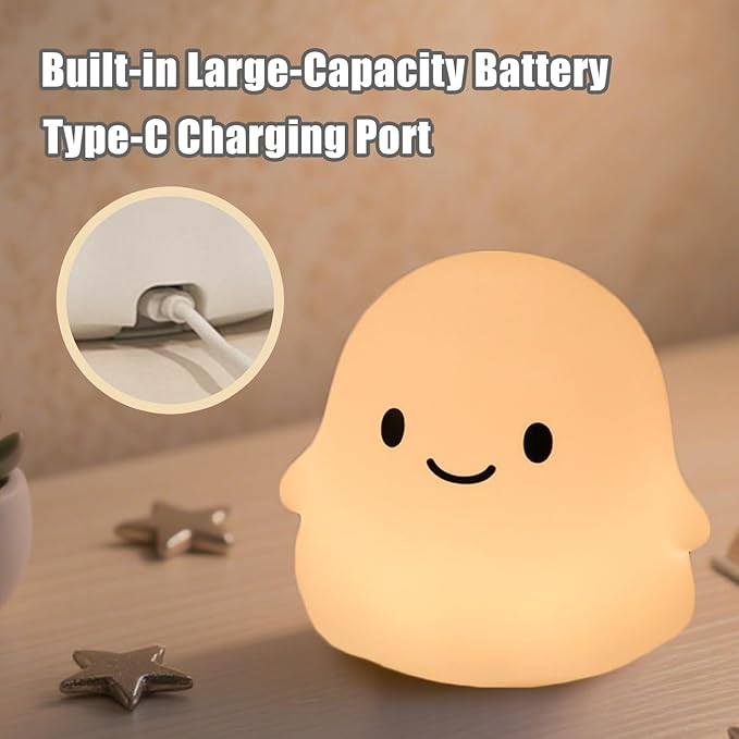 Ghost Night Light for Kids, Squishy Silicone Lamp - 50H Low/12H High, 2 Brightness, Tap-Control, USB Rechargeable, for Kids Halloween Decor & Nursery, Great Ghost Gifts