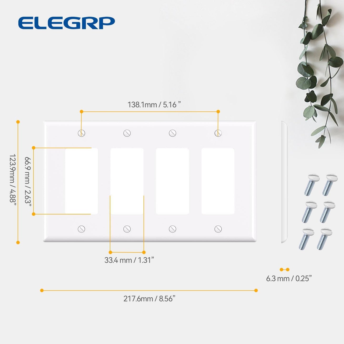 ELEGRP 4-Gang Decorative Wall Plates, Mid-Size 4.88" H x 8.57" L Unbreakable Thermoplastic Faceplate Cover for Decorator Receptacle Outlet Switch, UL Listed (2 Pack, Glossy White)