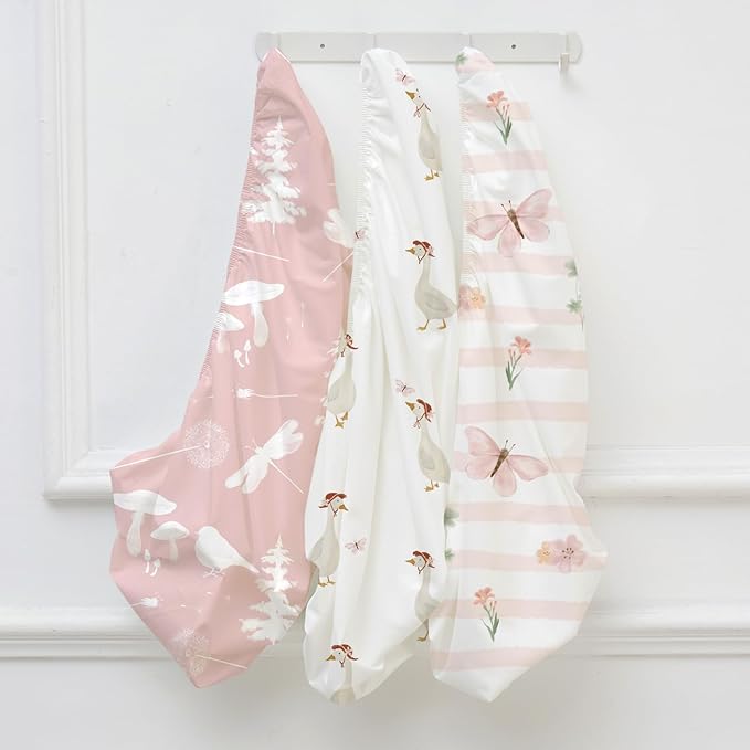 3-Pack Organic Bassinet Sheets for Girls Stretch, Soft Cozy Fitted Bassinet Mattress Sheet (32" x 16") Universal Fit for Hourglass, Oval, & Rectangle Mattresses Pink Butterfly