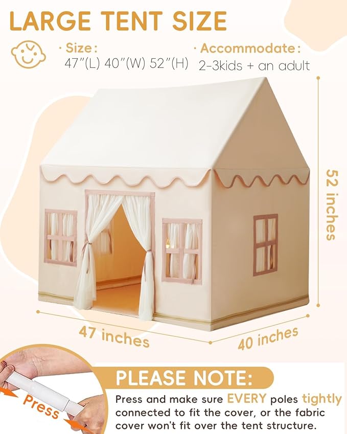 Large Kids Tent Playhouse Base Fabric with Star Lights, Flags and Tote Bags, Kids Play Tent Indoor & Outdoor, Washable Teepee Tent for Boys & Girls, Play House for Toddler, Neutral Color