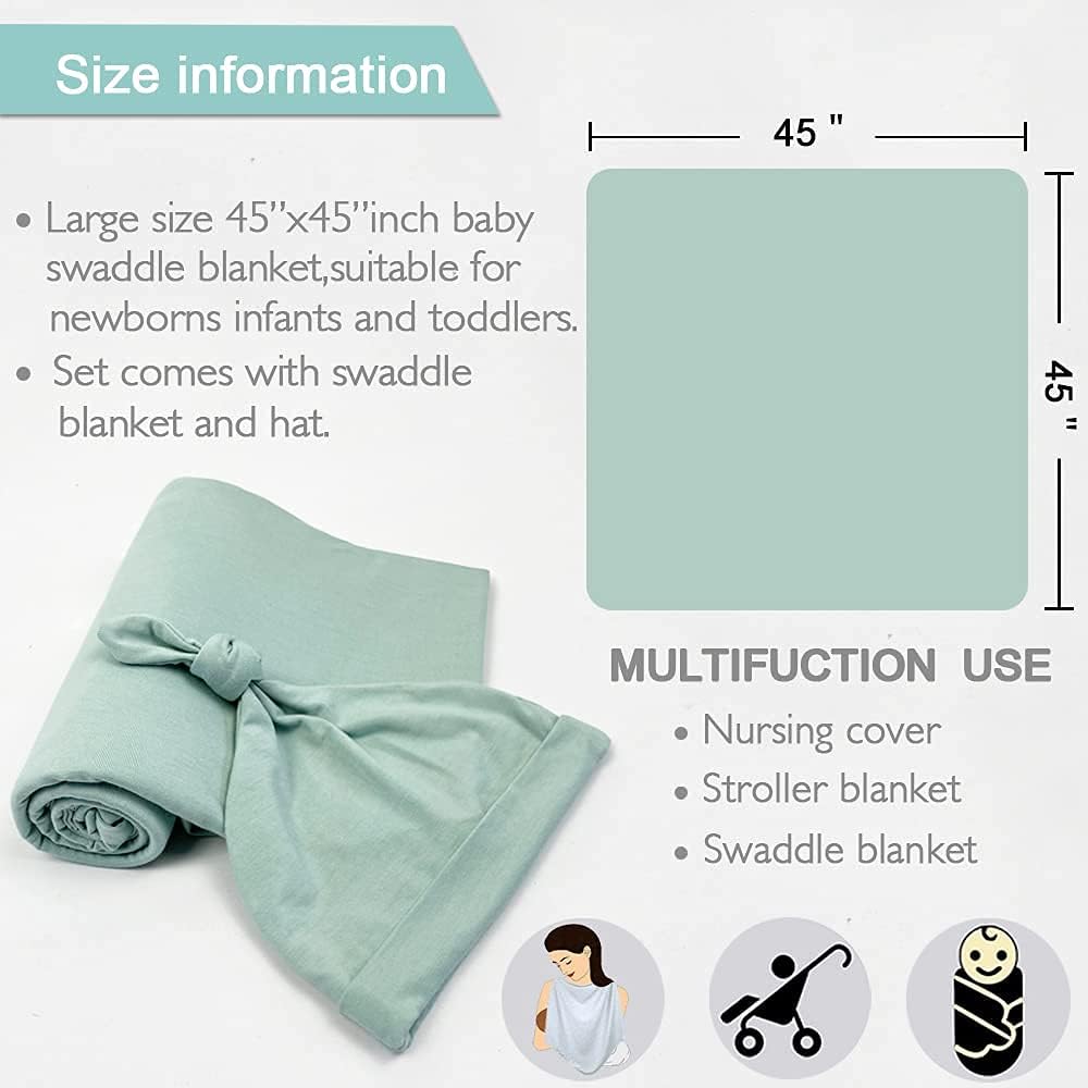 OWLOWLA Swaddle Blanket and Hat Set Newborn Swaddle Wrap Baby Receiving Blanket for Baby Boys Girls(Sage)