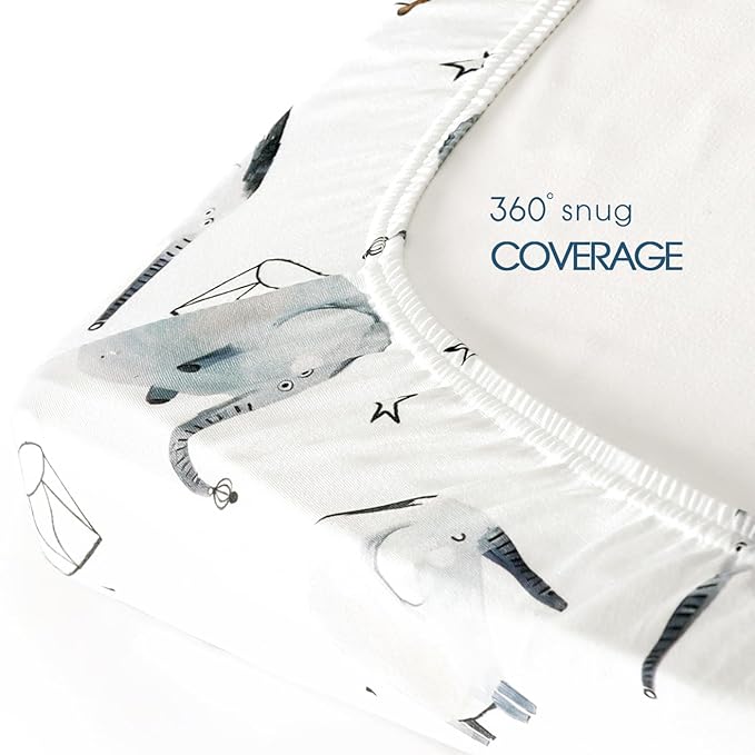 GRSSDER Pack n Play Sheets Fitted 3 Pack, Stretchy Ultra Soft Jersey Knit Pack and Play Sheets, Universal Fitted Portable/Mini Crib Mattresses Snug and Safe, Cute Elephant Print for Boys and Girls