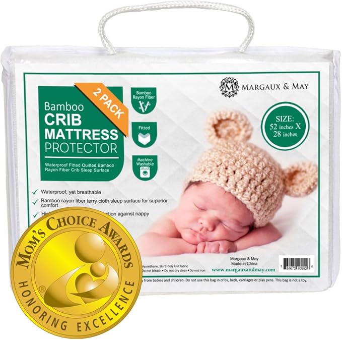 Margaux & May Crib Mattress Protector Pad 2 Pack - Ultra-Soft Waterproof Breathable Premium Bamboo Rayon - Noiseless Fitted Dryer Safe Cover for Crib. High Absorbency Oeko-TEX Certified