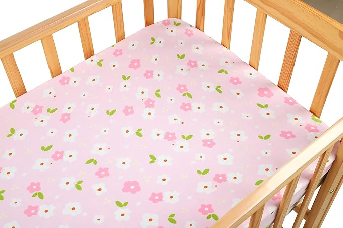 Onacosht Pack n Play Playard Fitted Sheets 2 Pack Set for Baby Girl Soft Stretchy Jersey Knit Portable Mini Crib Mattress Cover, Pink Floral