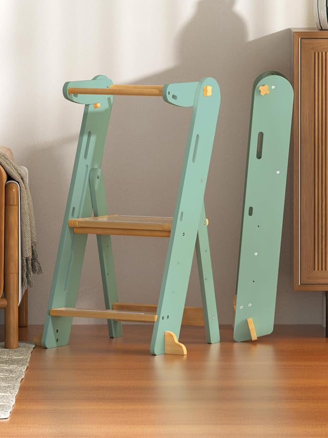 GROWNSY Foldable Step Stool Toddler Tower, Toddler Kitchen Stool Helper, Collapsible Kids Standing Learning Tower with 3 Adjustable Heights and Safety Net for Kitchen Bathroom Sink Counter (Green)