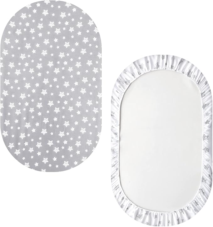 Bassinet Sheets Set 4 Pack for Baby Boy or Girl, Universal Fit for Oval, Hourglass and Rectangular Mattress, Grey