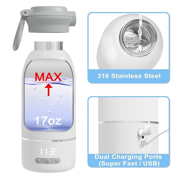Portable Bottle Warmer, 17 Oz Travel Bottle Warmer with Super Fast Charging, Rechargeable Baby Bottle Warmer with Adjustable Temp & Keep Warm for Formula, Cordless Water Warmer Outdoor