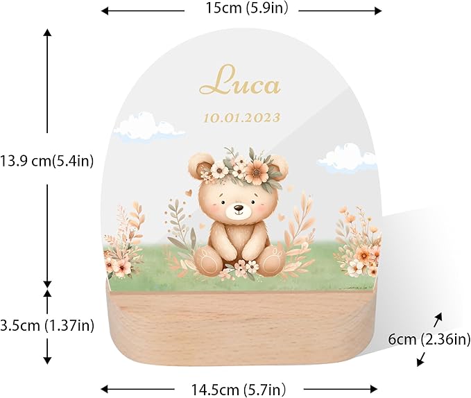 callie Acrylic Night Light Name Plate Personalized, Custom Cute Animal Dog Cat with Wooden Base Bedroom Decor, Birthday Gifts Kid Gifts for Family (Animal Bear Fox)