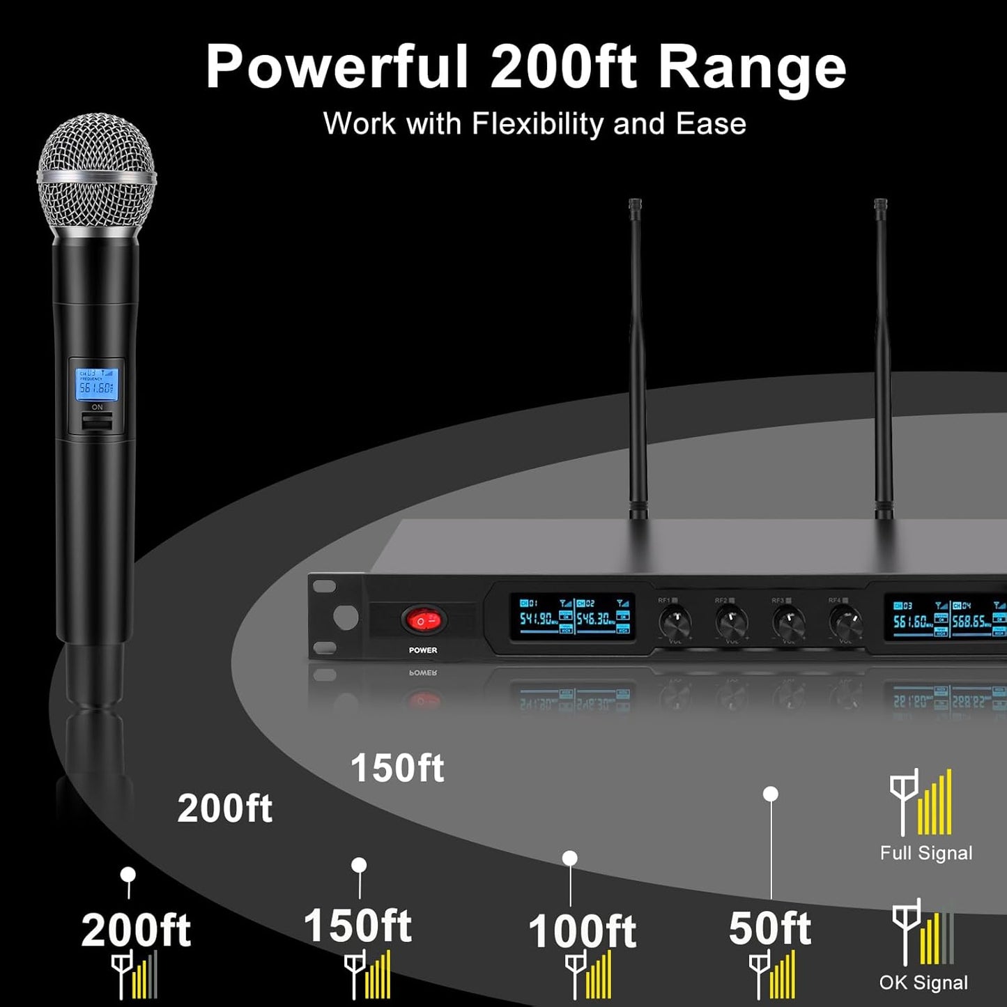 4-Channel Wireless Microphone System, Quad UHF Metal Cordless Mic, 4 Handheld Mics, Long Distance150-200Ft, Fixed Frequency, 16 Hours Use for Karaoke Singing, Church