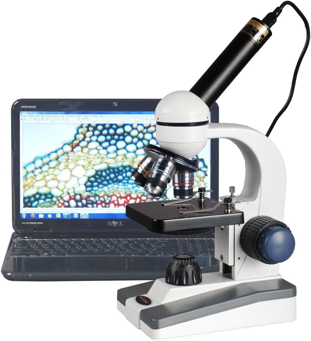 AmScope M150C-E Digital Compound Monocular Microscope, WF10x and WF25x Eyepieces, 40x-1000x Magnification, LED Illumination, Brightfield, Single-Lens Condenser, Coaxial Coarse and Fine Focus, Plain Stage, 110V, Includes 0.3MP Camera and Software