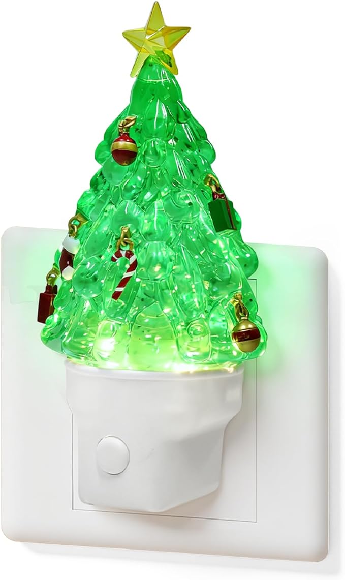 Christmas Tree Night Light Plug into Wall Glitter Water Nightlight with USB/Outlet Options, Christmas Tree Decorative Nightlight for Bedroom Kitchen Nursery Hallway Holiday Decorations Gifts (Tree)