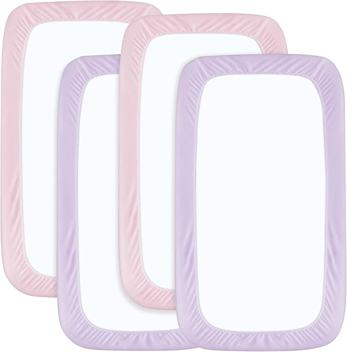 Pack and Play Sheets Fitted 4 Pack, Breathable Baby Playard Mattress Sheet Compatible with Graco Pack n Play, Mini Crib Sheets Fitted for Girls, Pink & Purple Playpen Mattress Sheets