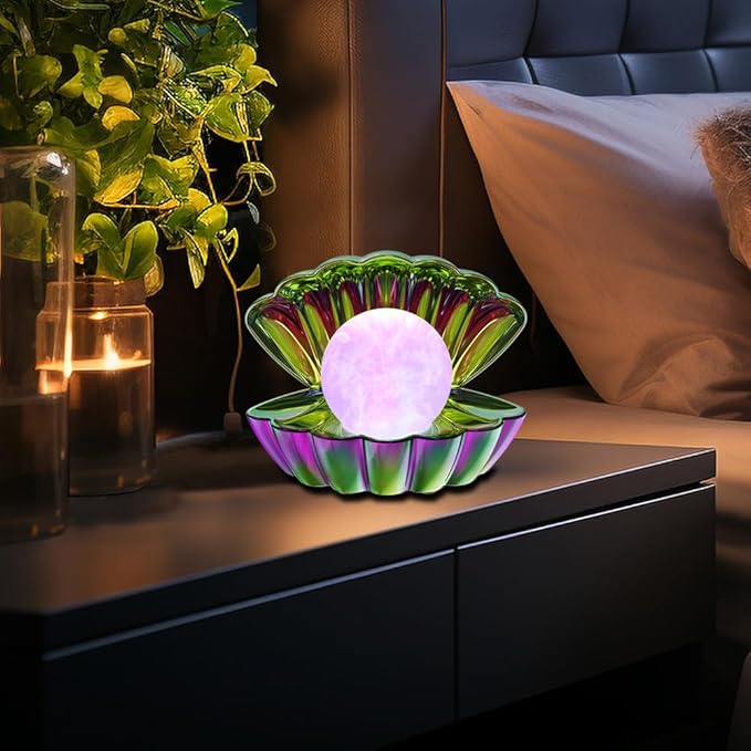 Shell Pearl Beach Themed Night Light, RGB 8 Colors Changing Mood Shell Pearl Lamps, Bedside LED Clamshell Portable Night Lights for Bar (Electroplating Colorful)