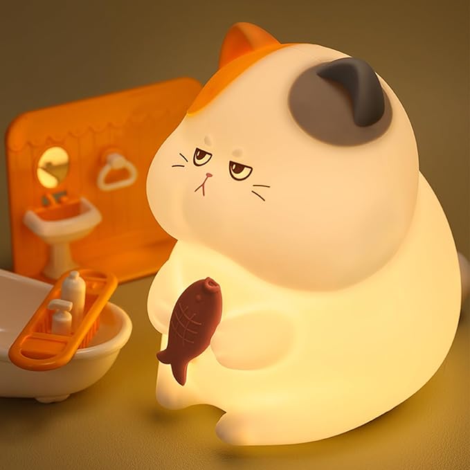 Greedy Cat Night Light for Kids, 3 Levels Dimmable Cute Kitty Nursery Nightlight with Touch Color Change, Squishy Silicone Rechargeable Bedside Lamp for Baby/Pregnant Mom/Elderly/Adults
