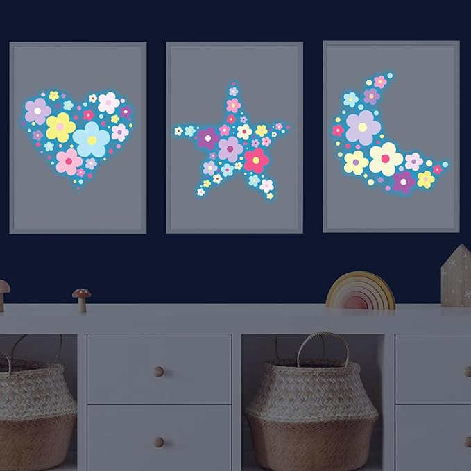 Glow in The Dark Y2k Cute Flowers Wall Decals,Glowing Luminous Colorful Floral Wall Stickers Colorful Removable self-Adhesive Preppy Hippie Stickers for Girls Bedroom (Lovely Color)