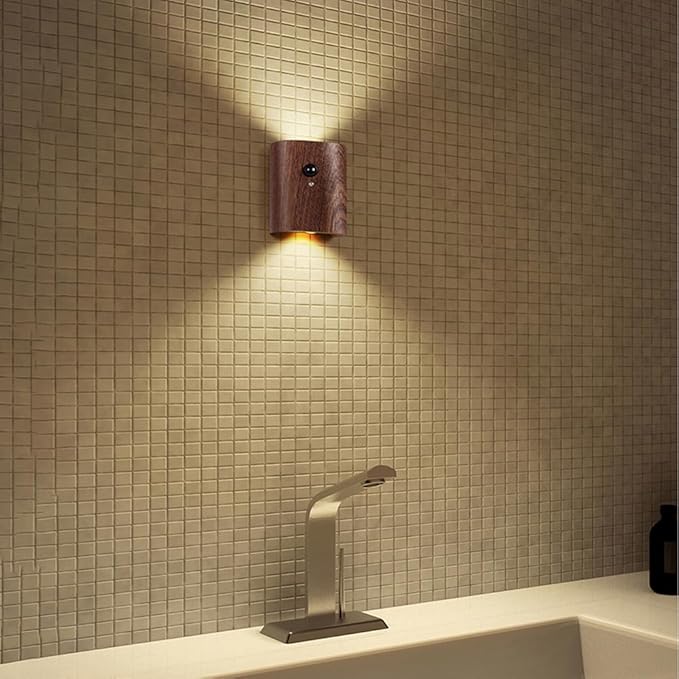 LANDGOO Smart Night Light Step Light - Rechargeable Motion Sensor Stair Lamp, 2700K Warm White LED Walnut Wood for Bedroom Hallway Safety (1 Pack)