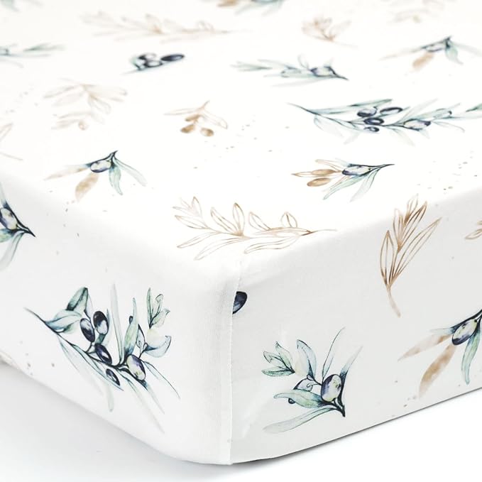 GRSSDER Stretchy Ultra Soft Jersey Knit Fitted Crib Sheets Set 2 Pack, Fits All Standard Crib Mattress Pads Safe and Snug, Stylish Botanical Olive for Baby