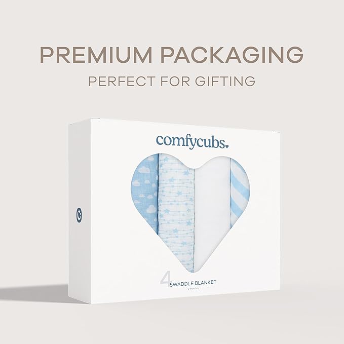 Comfy Cubs Muslin Swaddle Blankets Pack of 4, 47 x 47 Inches, Soft Cotton Baby Blanket Set, Large Multipurpose Swaddling Wraps for Newborns - Self-Soothing Swaddle - Blue