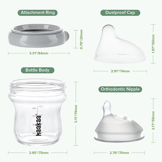 haakaa Gen.3 Natural Glass Baby Bottle 4.2oz/120ml - Wide Neck Anti-Colic Slow Flow Nipple for 0M+ Breastfed Baby, Newborn Registry Essentials,BPA-Free - 1 PK