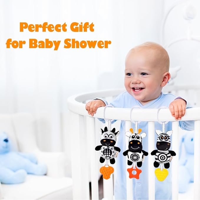 KAKIBLIN Baby Hanging Toy,3 Pack Black and White Sensory Toys for for 0 3 6 9 to 12 Months, High Contrast Soft Hanging Crinkle Squeaky Learning Toy with Teether for Boys Girls (21CM, Zebra,Deer&Cow)