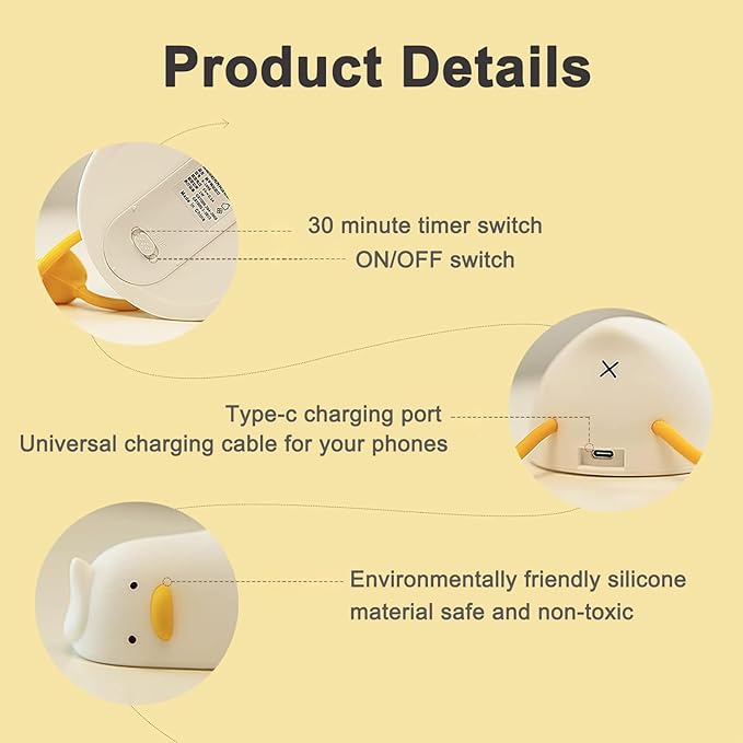 LED Lying Flat Duck Night Light, 3 Levels Dimmable Nursery Nightlight,Cute Lamps Silicone Squishy Light Up Duck, Rechargeable Bedside Touch Lamp for Breastfeeding Toddler Baby Kids Bedroom Office