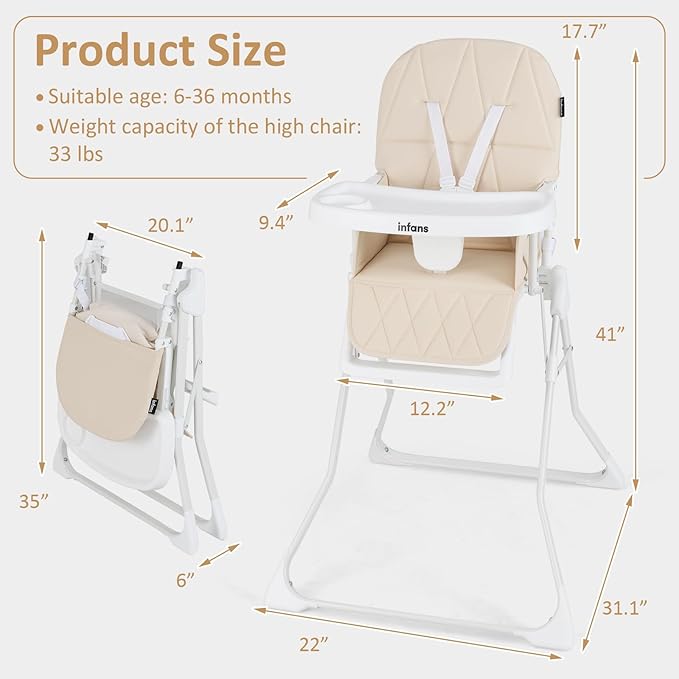 INFANS Baby High Chair, Quick Folding Portable Highchair for Babies and Toddlers with Adjustable Footrest Removable Dishwasher Tray PU Seat, Compact Highchairs for Baby Age 6-36 Months (Beige)