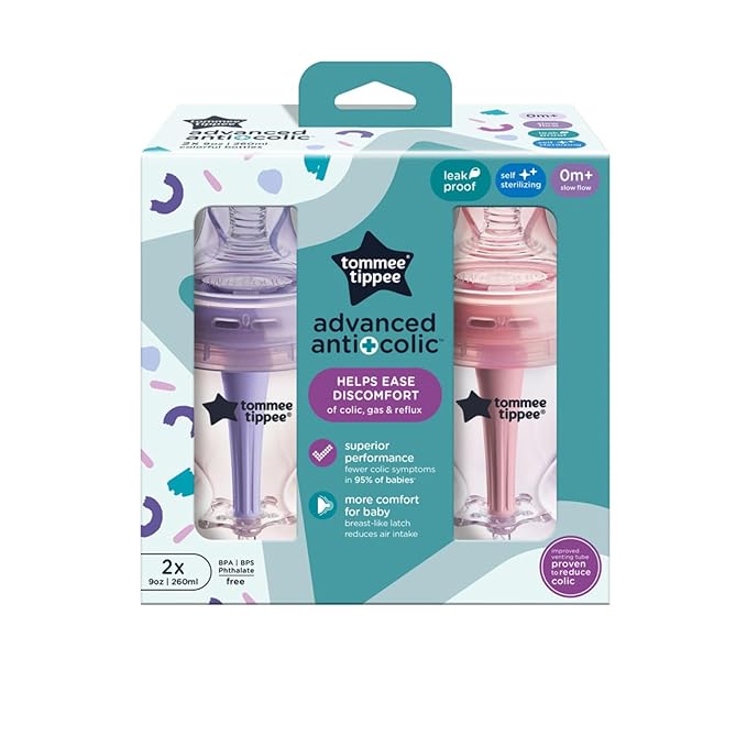 Tommee Tippee Advanced Anti-Colic 9 oz BPA Free Baby Bottles, Newborn 0+ Months, Slow Flow Breast-Like Nipple, Unique Design Keeps Air Away from Milk and Baby, Pink and Purple, Pack of 2